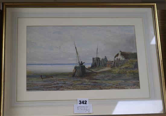 J. Ghent, watercolour, figures beside a beached fishing boat, 20 x 32cm